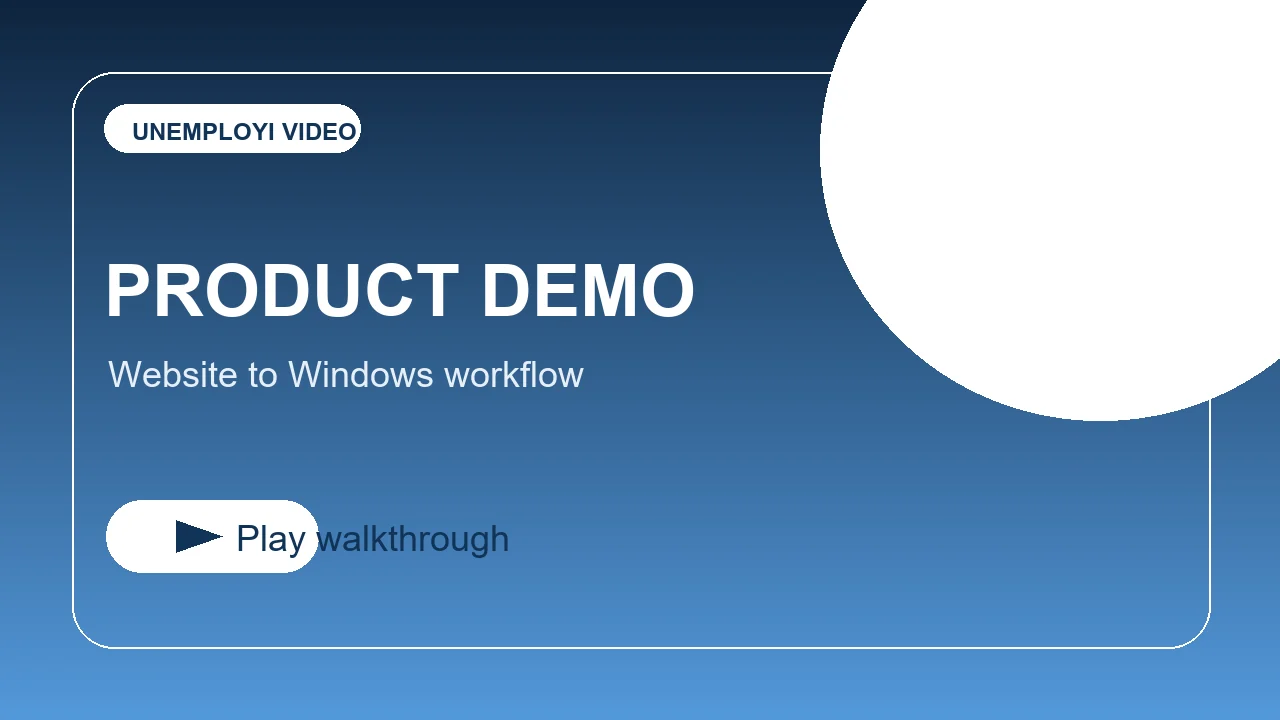 UNEMPLOYI product demo walkthrough thumbnail with website and Windows workflow callouts.